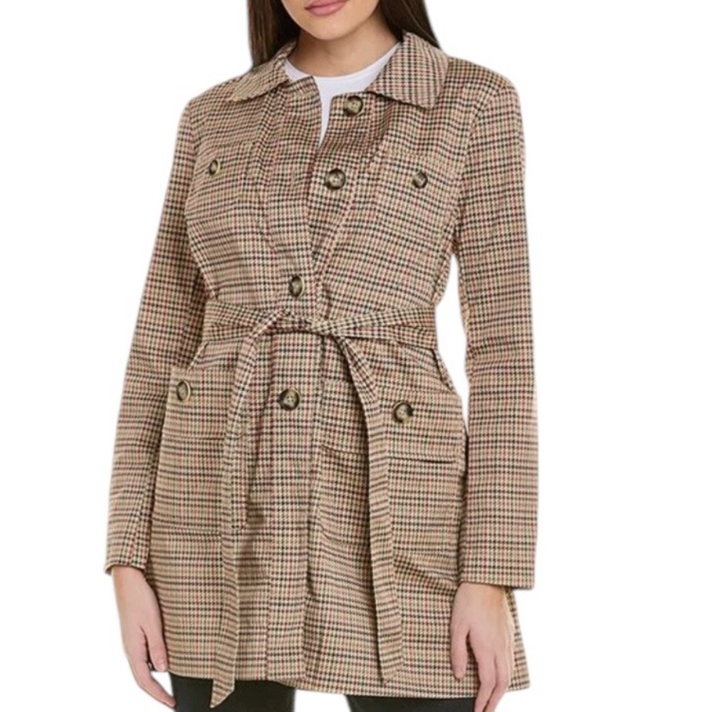 Cabi Houndstooth Sherlock Coat Trenchcoat Brown Red Cream Beige Women size Small